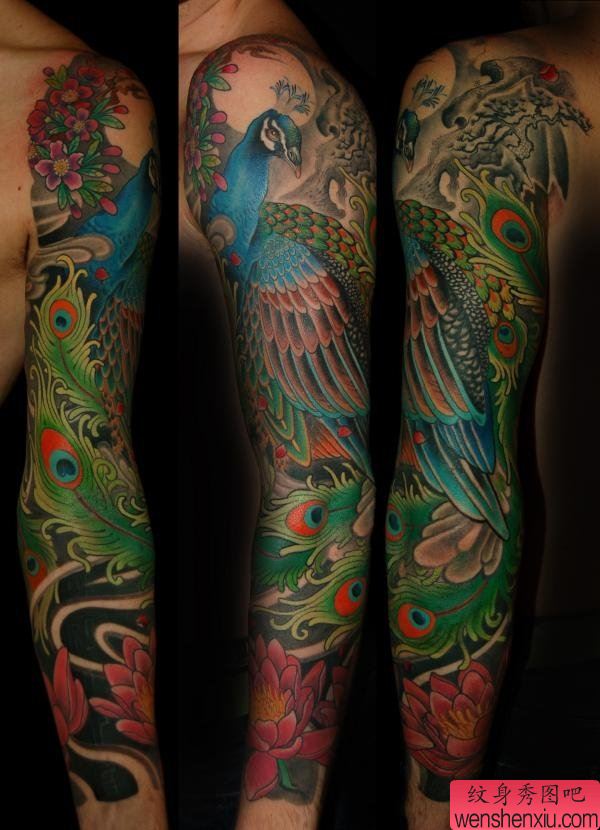 胳膊创意孔雀花臂文身作品