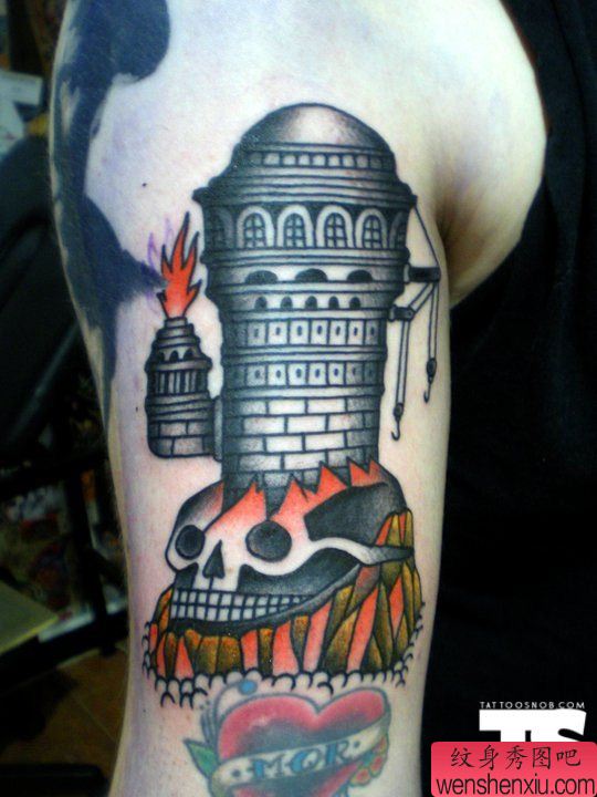 胳膊创意骷髅头高塔文身作品