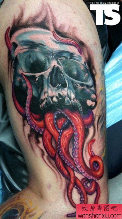 胳膊创意骷髅头花臂文身作品