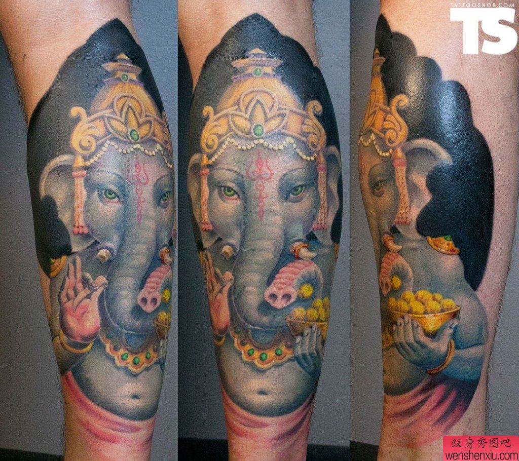 腿部一幅创意象财神文身作品