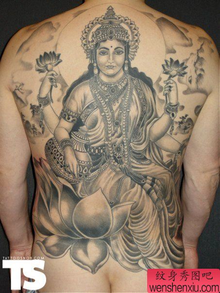 满背经典大气莲花观音文身作品