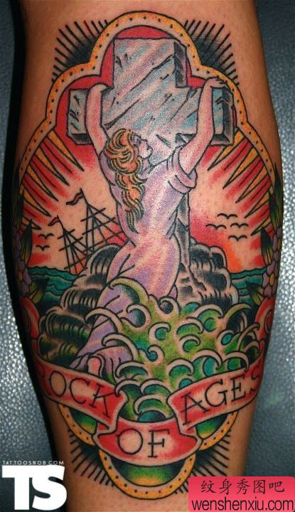 腿部一幅创意十字架文身作品