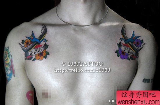 小清新胸部燕子文身作品