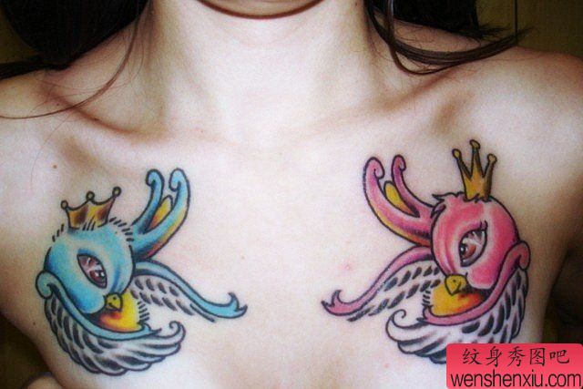 小清新胸部卡通燕子文身作品