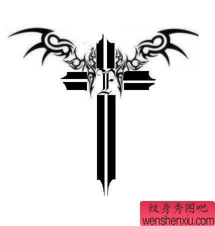 纹身秀图吧强烈推荐一幅图腾十字架翅膀纹身图案