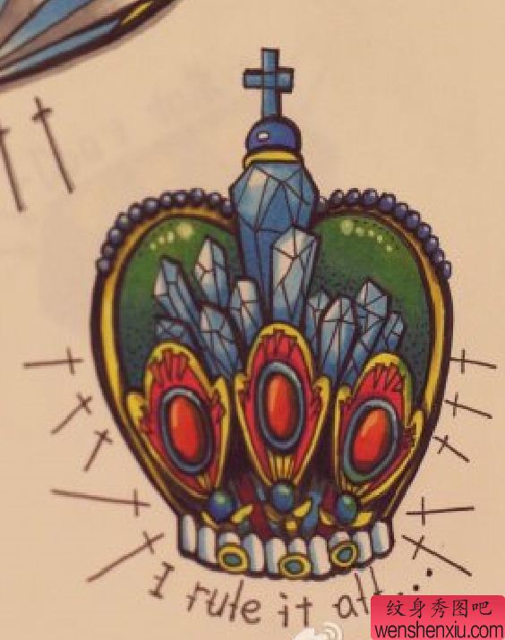 一幅彩色皇冠手稿纹身图片