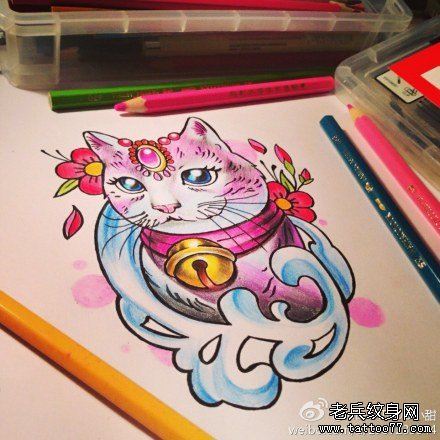 纹身秀图吧为你推荐一幅招财猫纹身手稿图