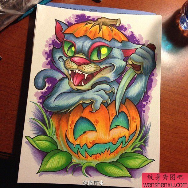 纹身秀图吧为你推荐一幅彩色猫纹身图案