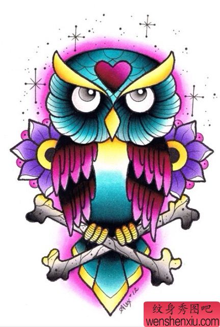 纹身秀图吧推荐一幅彩色猫头鹰纹身图案