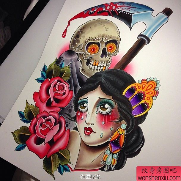 欧美风格美女骷髅玫瑰花纹身手稿图案