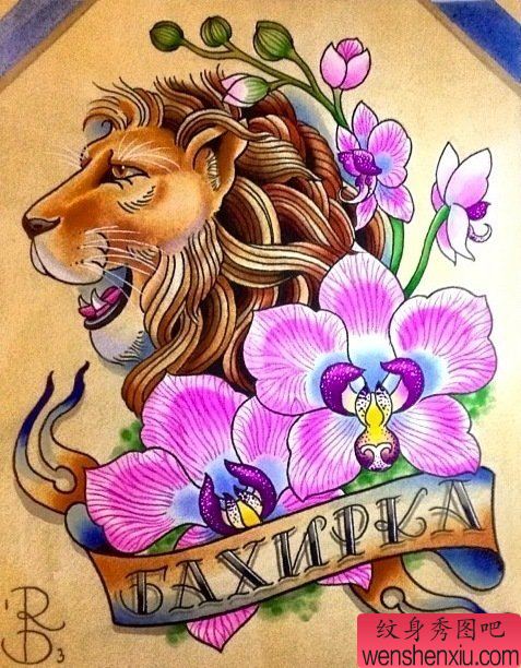 一幅欧美的狮子风格纹身图案