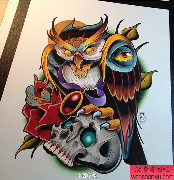一幅欧美风的猫头鹰骷髅头纹身图案由纹身秀图吧分享