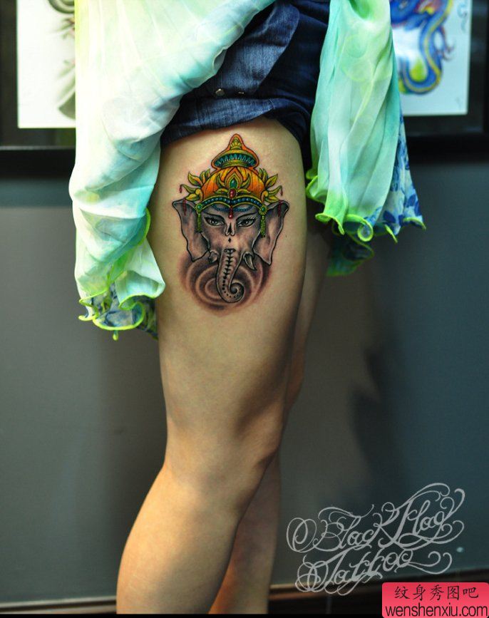 纹身秀图吧分享一幅大腿象神纹身图案