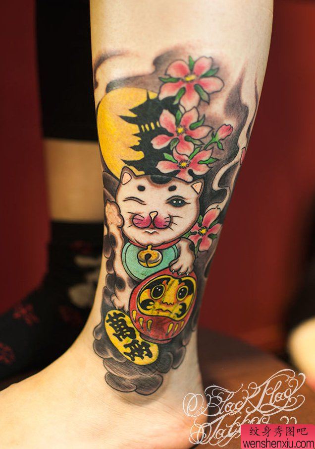 脚踝招财猫达摩纹身图案由纹身秀图吧分享