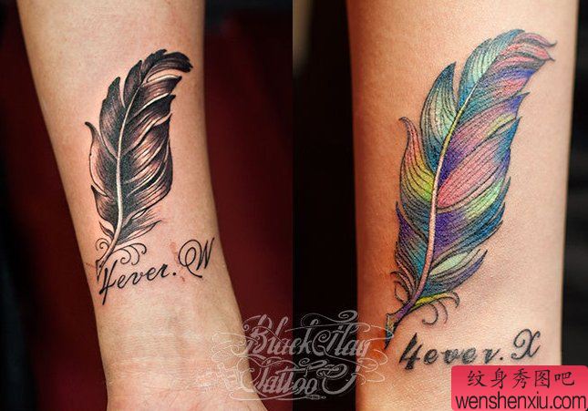 纹身秀图吧分享一幅情侣羽毛纹身图案