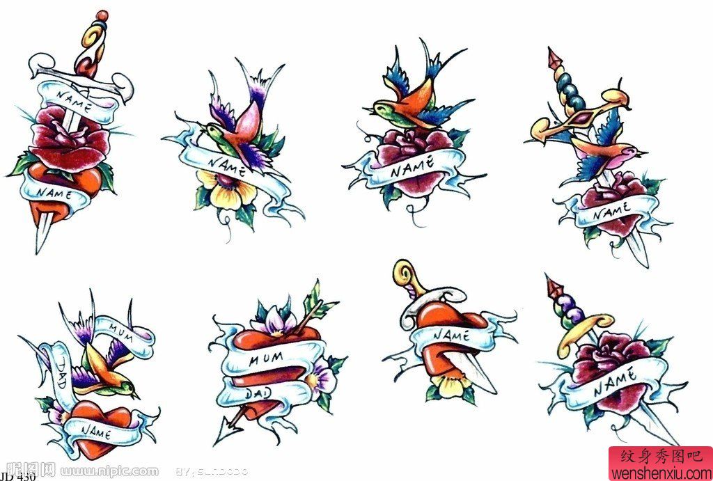 纹身秀图吧推荐一组玫瑰花爱心字母纹身图案