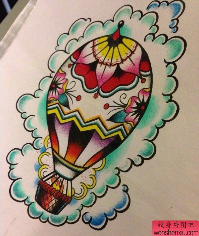 纹身秀图吧推荐一幅热气球纹身手稿图案