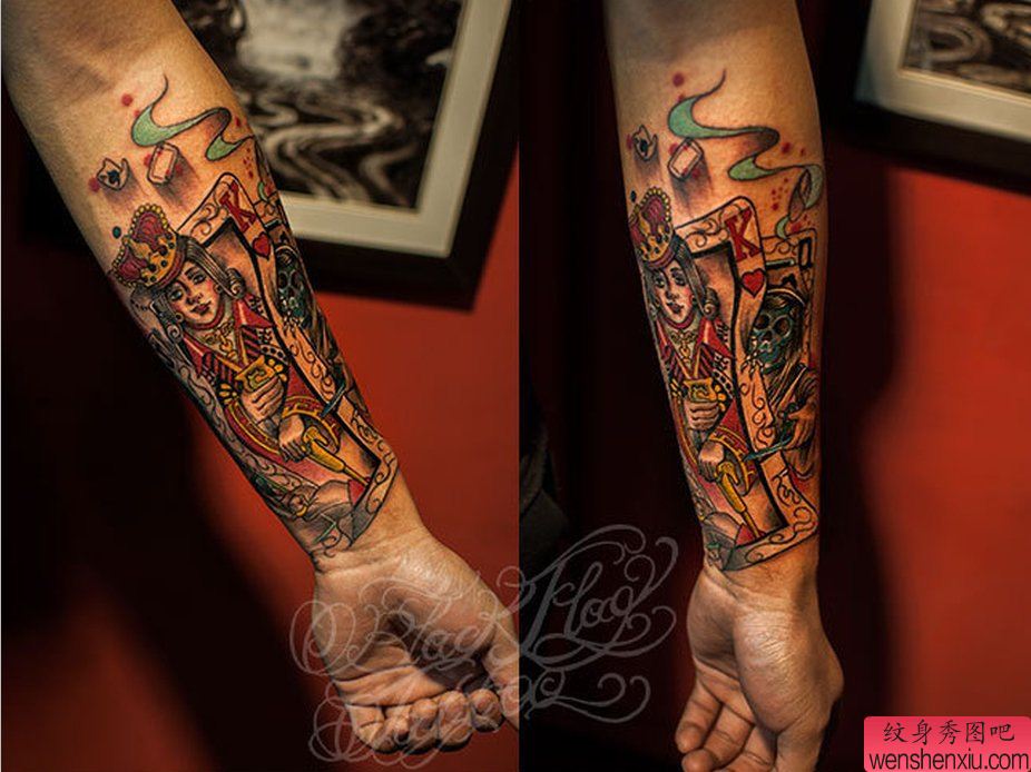 纹身秀图吧推荐一幅手臂扑克牌纹身图案