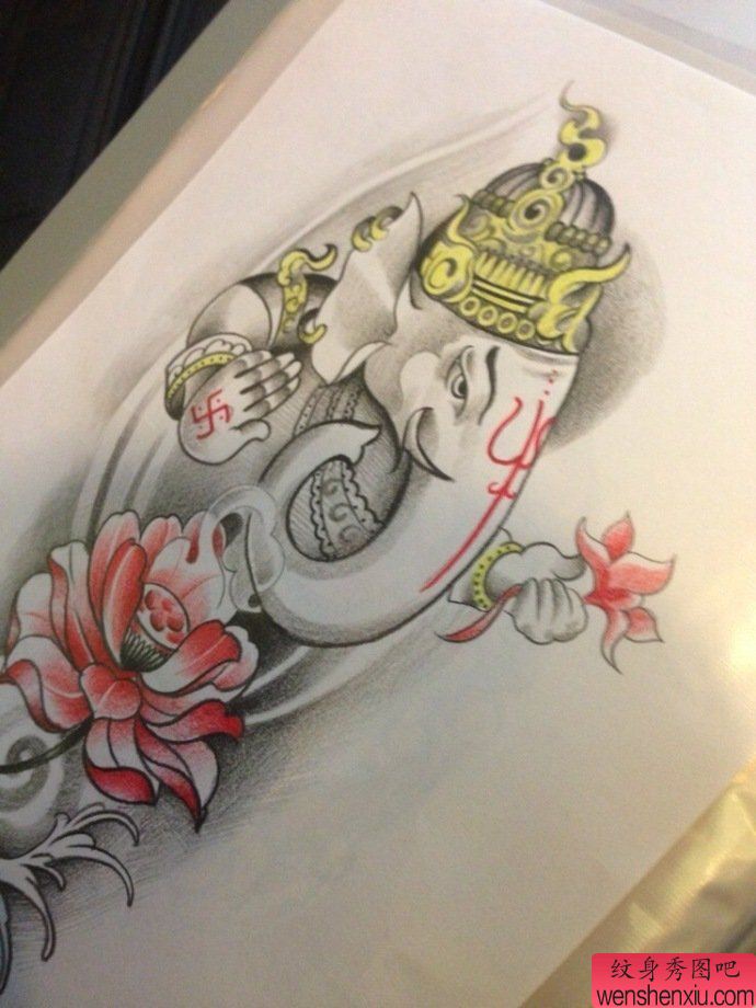 象神莲花纹身手稿