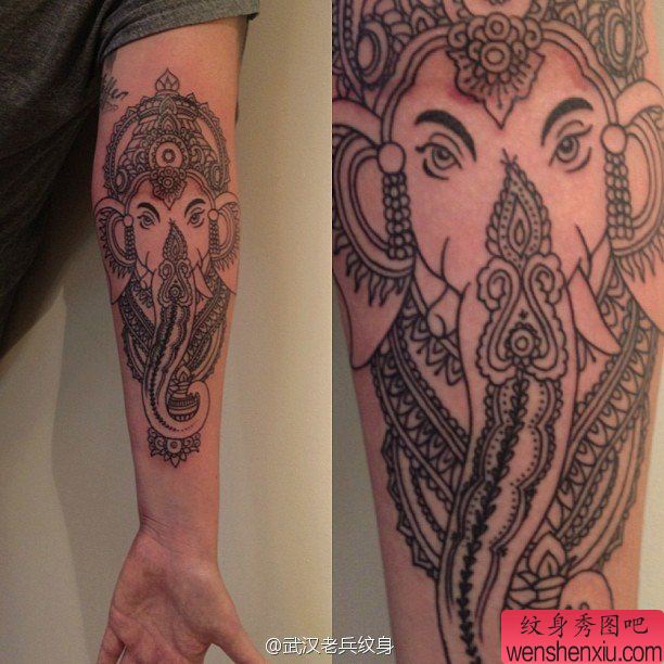 纹身秀图吧推荐一幅手臂象神纹身图案