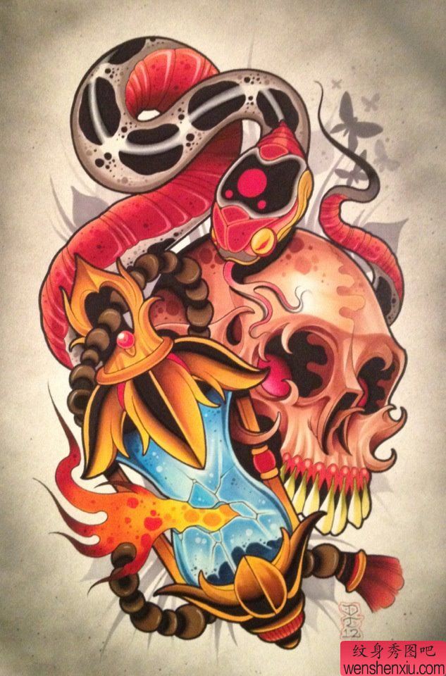 一幅传统骷髅头蛇纹身手稿图案
