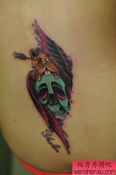 纹身秀图吧推荐一幅骷髅猫纹身图案