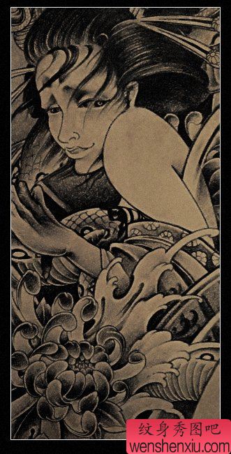 一幅菊花蛇姬纹身手稿图案