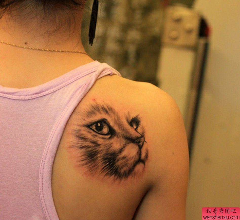 一幅背部猫咪纹身图案