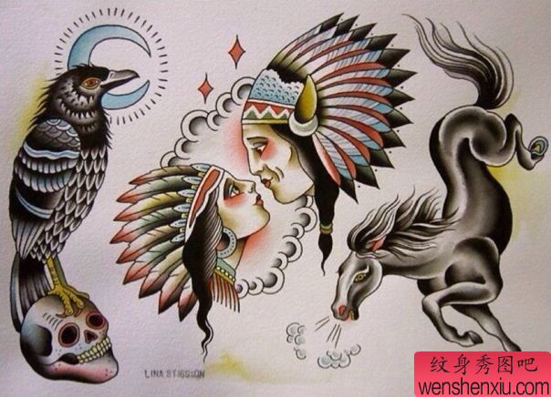 一幅个性马骷髅纹身图案