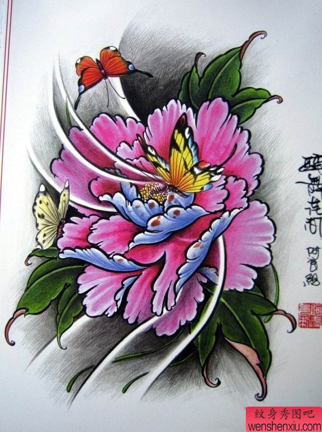 纹身秀图吧推荐一幅牡丹蝴蝶纹身图案
