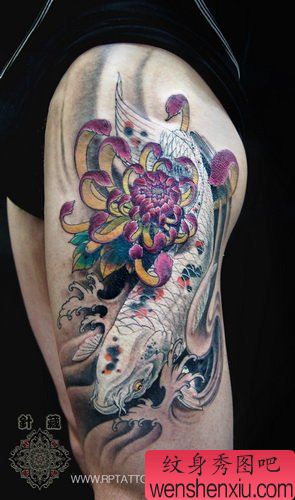 一幅大腿鲤鱼菊花纹身图案