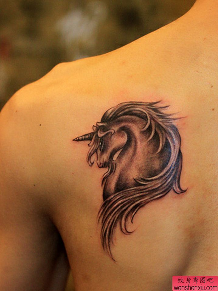 纹身秀图吧推荐一幅背部独角兽纹身图案