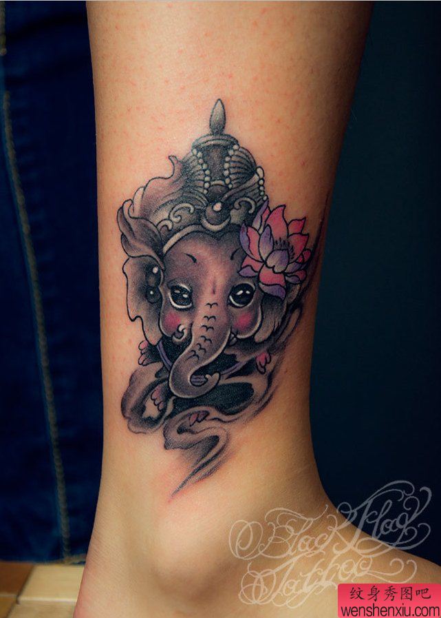 纹身秀图吧推荐一幅脚踝象神纹身图案
