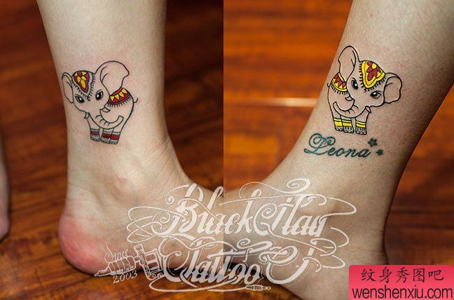 一幅个性情侣卡通小象纹身图案