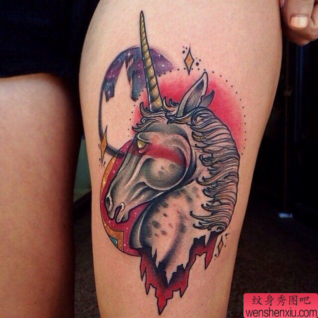 纹身秀图吧推荐一幅腿部独角兽纹身图案