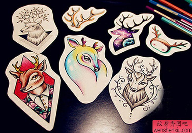 一组羚羊纹身手稿图案