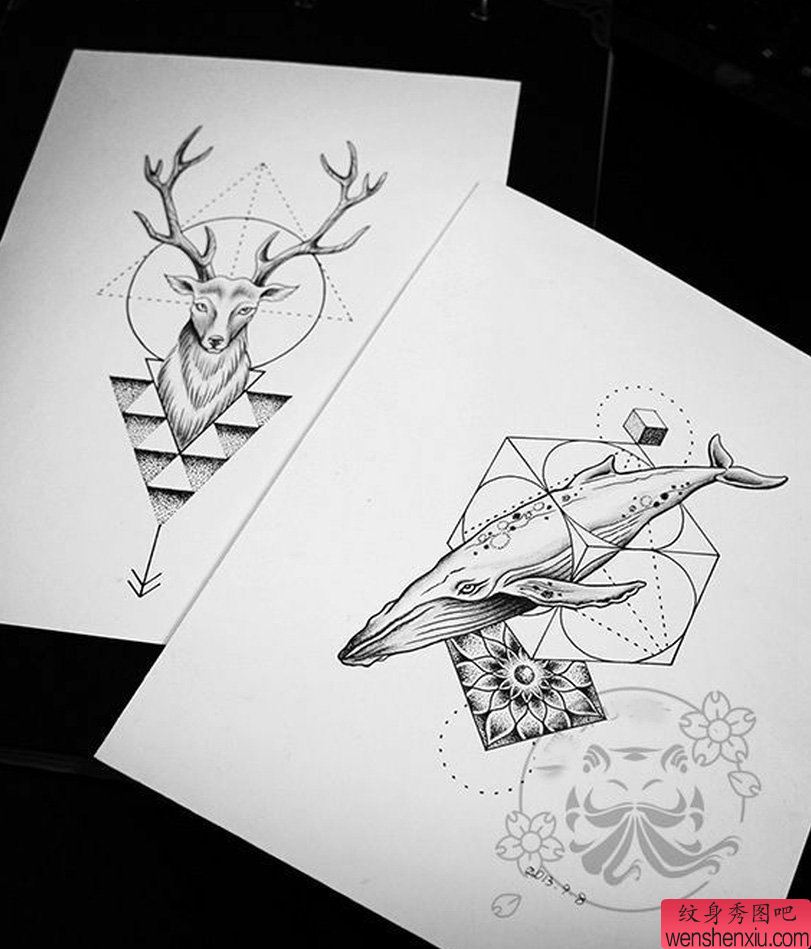 两款羚羊鲨鱼纹身手稿图案