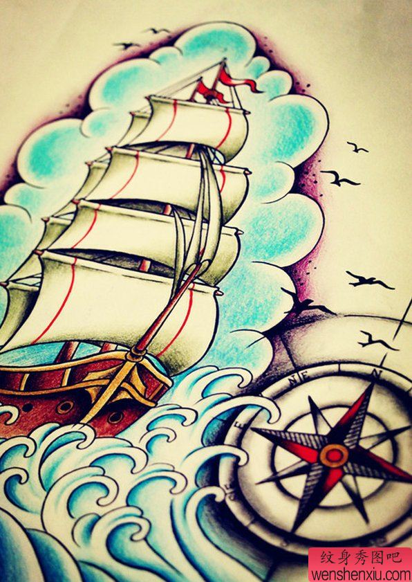 帆船美女花纹身手稿图案
