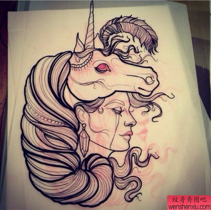 美女与独角兽纹身手稿图案