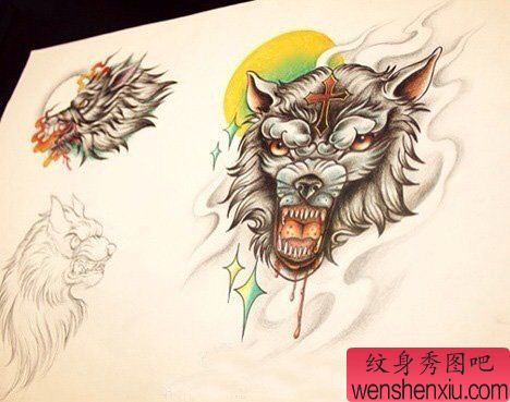 纹身秀图吧推荐一幅狼头纹身手稿图案
