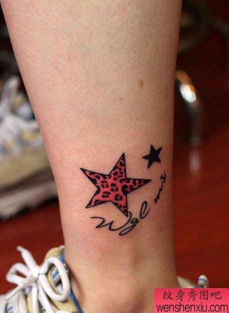 纹身秀图吧推荐一幅脚踝豹纹五角星纹身图案
