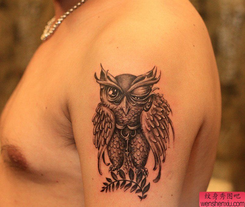 一幅手臂猫头鹰纹身图案