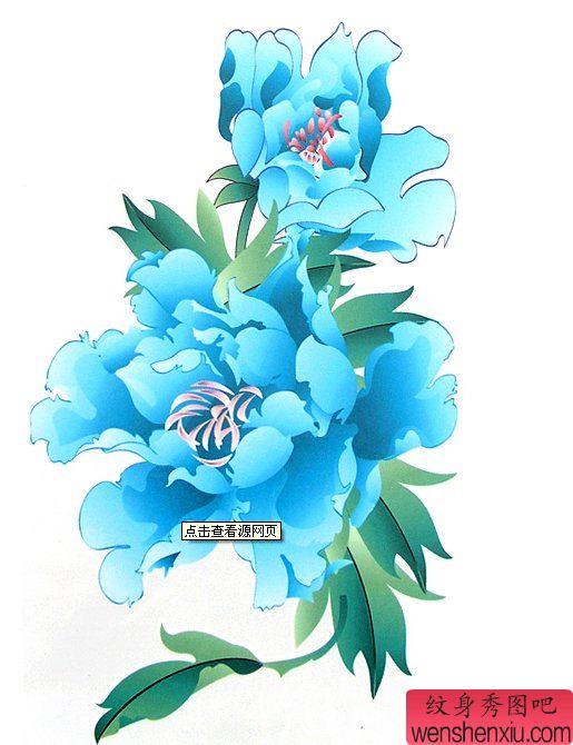 一幅彩色牡丹花卉纹身图案