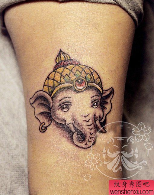 纹身秀图吧推荐一幅手臂象神刺青图案