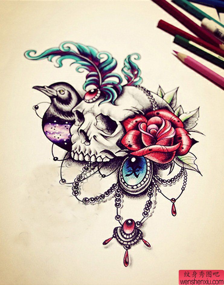纹身秀图吧推荐一幅骷髅羽毛玫瑰花纹身手稿图案