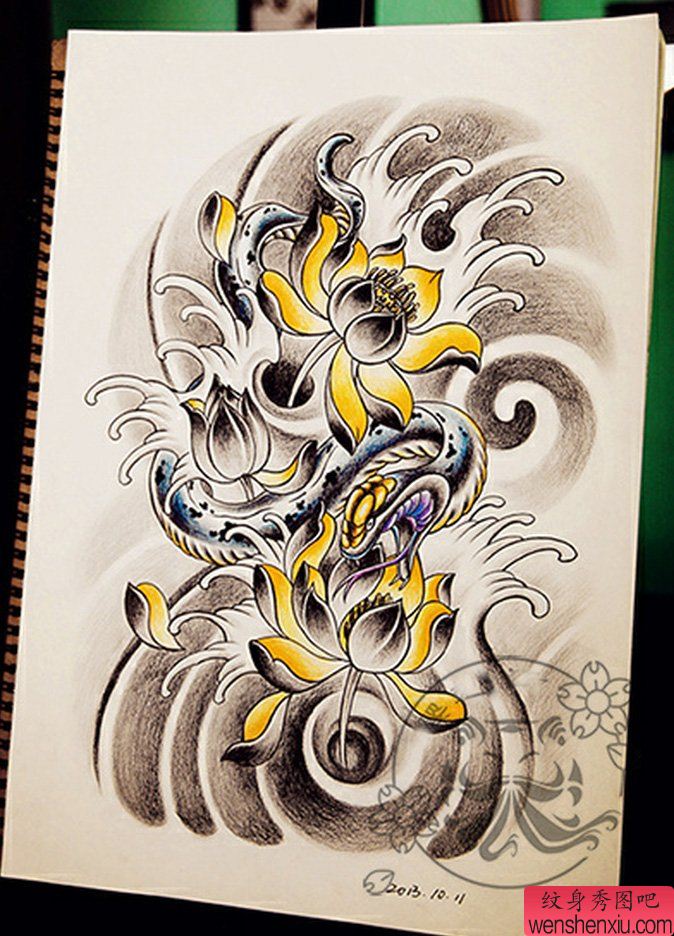 一幅莲花蛇纹身手稿图案
