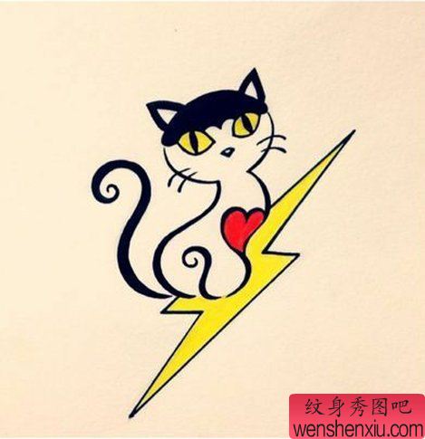 猫咪闪电纹身手稿图案