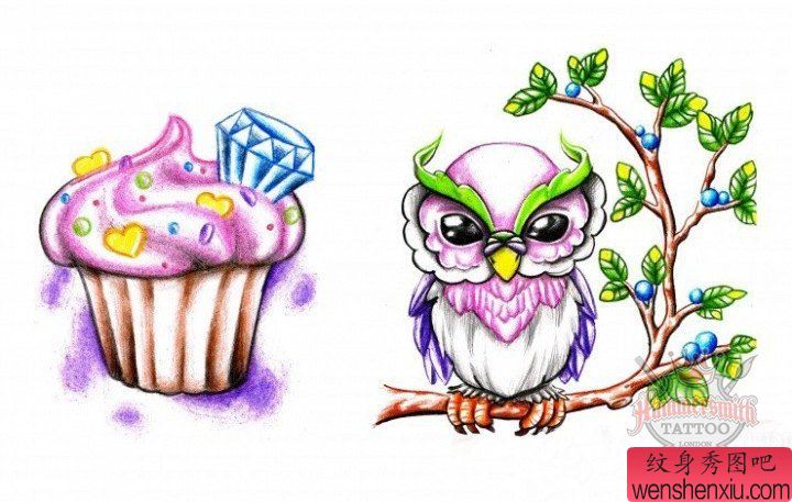 蛋糕猫头鹰刺青手稿图案