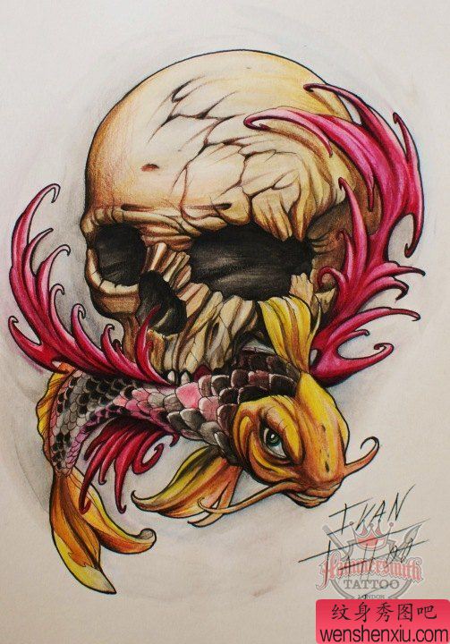 纹身秀图吧推荐一幅骷髅头鱼刺青图案