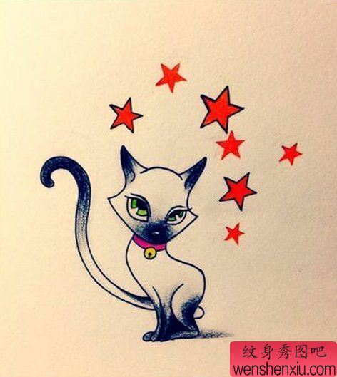 纹身秀图吧推荐一幅猫咪五角星纹身手稿图案